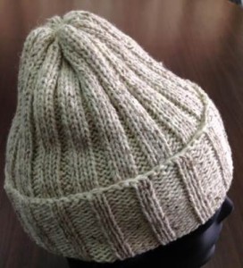 ヒマラヤイラクサ繊維、綿、バナナ由来の繊維を混紡した糸で編んだニット帽(動物性繊維使っていないがウール様の風合いがある)