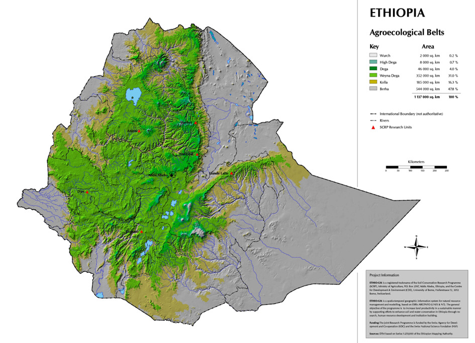 図2　エチオピアの伝統的な気候帯（Agroecological Belts）の分布（H. Hurni, 1998）